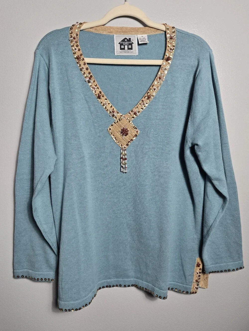 Storybook Knits Blue Gold Beaded Sequin Fringe V-Neck Pullover Sweater Top 1X